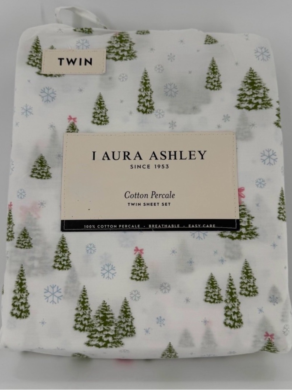 Laura Ashley Twin Sheet Set with Green Tree Pink Bow Blue Snowflake ~ Festive